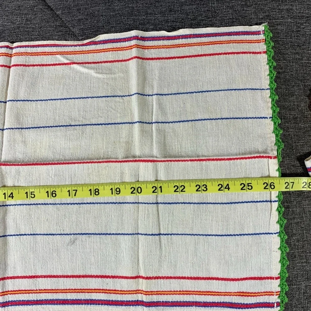 Vintage Kitchen Towels with Stripes Crochet Trim Set of 2 Green Beige Trim